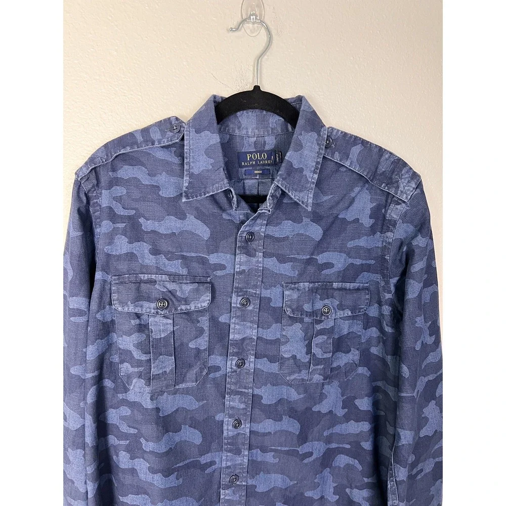 Polo Ralph Lauren Classic‎ Fit Indigo Cotton Chambray Camo Shirt Sz Medium